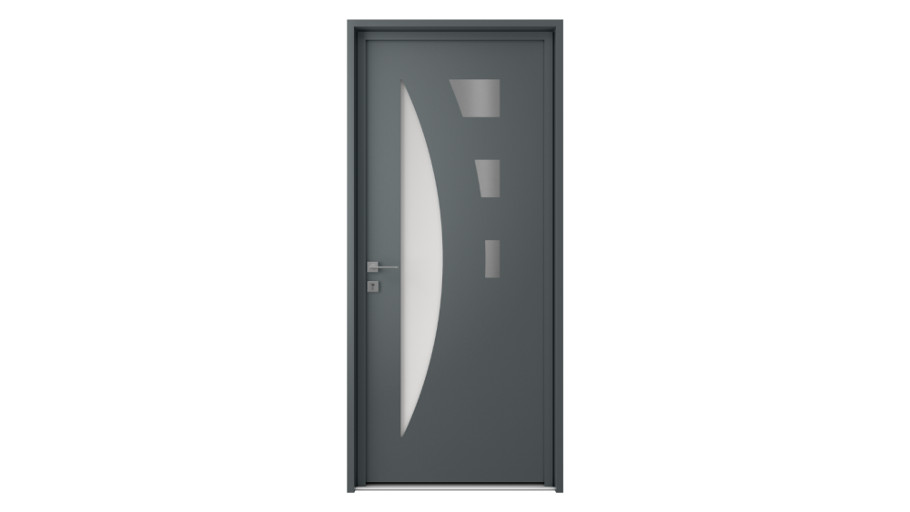 Porte d'entrée aluminium MYCONOS Porte d'entrée grise avec demi-lune et 3 autres formes vitrées